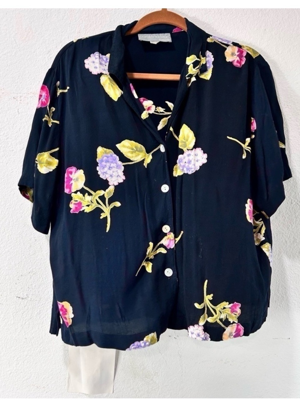 Black Rayon Button-Up Top with Subtle Floral Trim